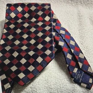 Elegant Paul Frederick  Checkered Silk Tie - Red, Blue, and Cream